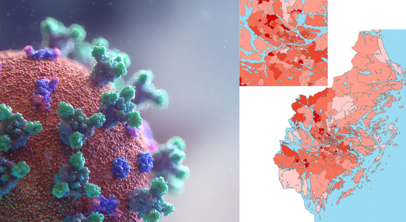 bilden visar ett coronavirus och en karta över stockholms län