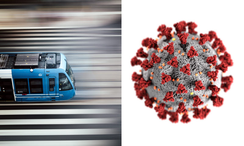 Ett tunnelbanetåg från SL som åker i hög hastighet och en illustration av ett coronavirus.
